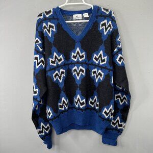 Vintage Jockey Sweater XL Blue Black Geometric Abstract V Neck Chunky Knit Wool